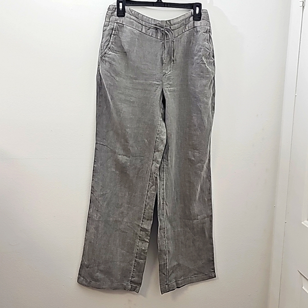 Cynthia Rowley 100% linen gray‎ pants Size medium 2 pockets elastic waist W/tie
